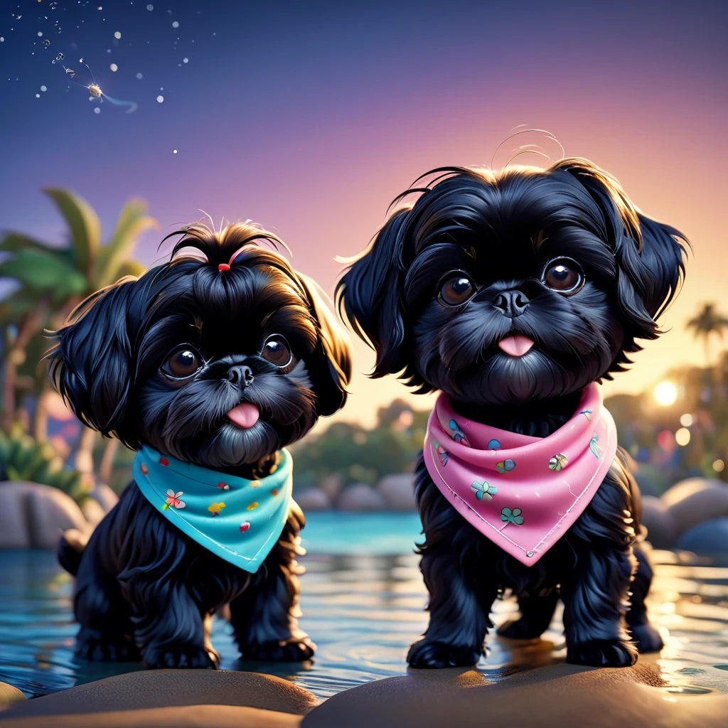 2 adorable small black shih tzu puppies, wearing bright bandannas and sunglasses, fishing at night, disney background, 3d cartoon, 3d render, disney pixar style, cute, playful, whimsical, vibrant colors, soft lighting, highly detailed, masterpiece, photorealistic