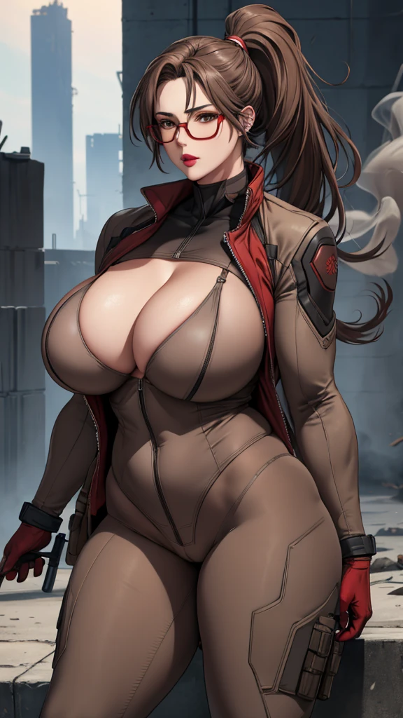 brown and gray sniper girl wearing brown militray suit，Huge Breasts，ruins，red glasses，Thick smoke，cleavage，Lipstick，pant，ponytail hairstyle