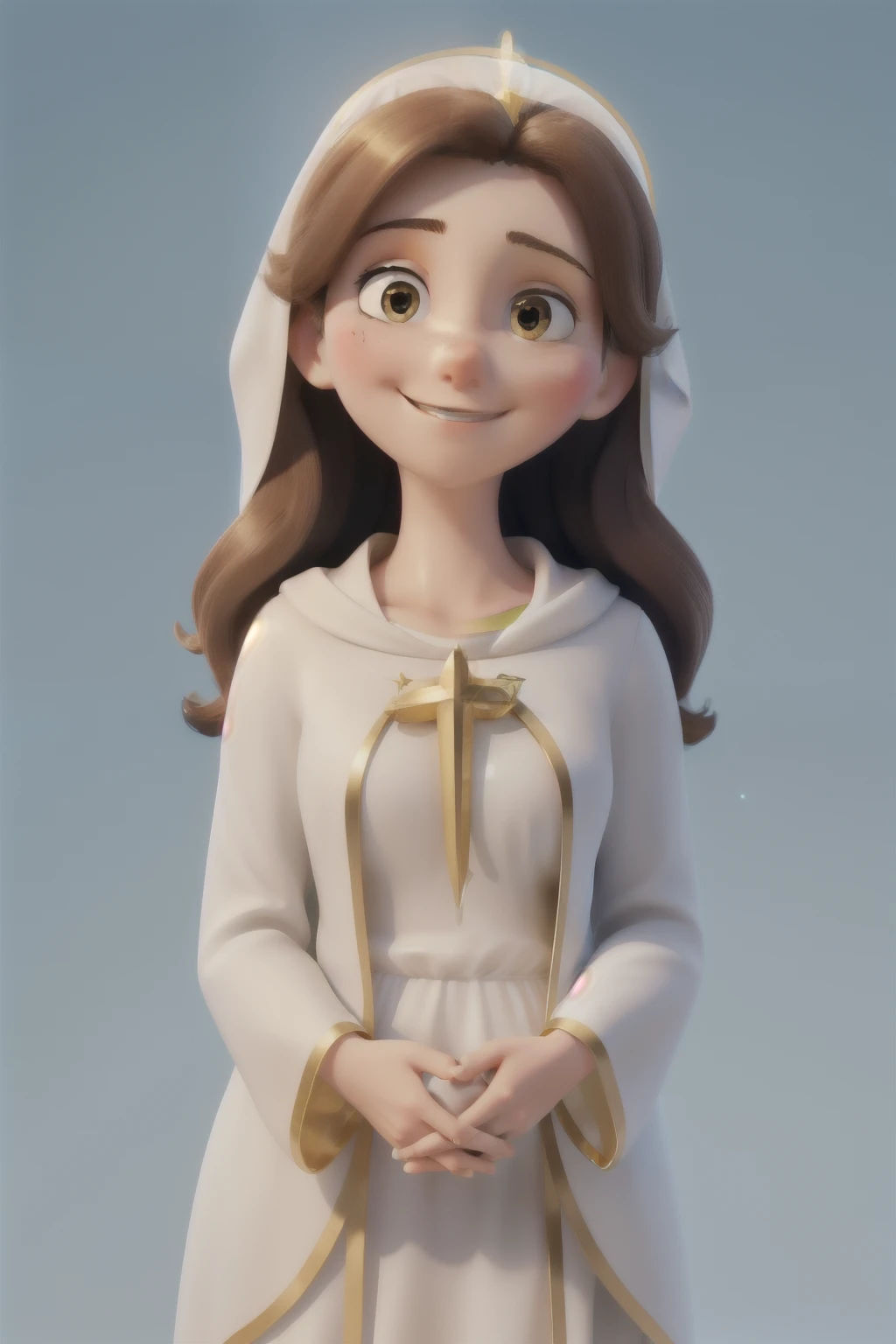 best qualityer, image with white background, virgin mary, with a golden halo over your head, looking sweetly and tenderly forward, hands together in sign of prayer, Grinning, brownhair, white robes with light blue details