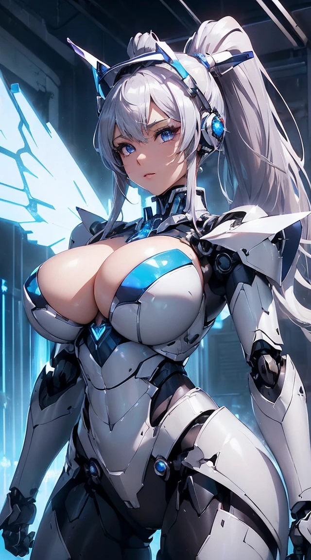 ((Intense action pose:1.6))、((Shining lenses on both breasts:1.3))、((Blue pillars of light are emanating from both chests.:1.3))、smile、((8K)), ((32k)), ((Highest quality)), ((masterpiece)), ((超A high resolution)), ((Tmasterpiece)), ((Halation:1.4))、((Mechaニカルheadgear:1.2))、((Cyber Headphones:1.3))、Fine skin, High quality fabric, Fine metal texture、((High ponytail:1.6))、((Beautiful and dense face))、RAW Photos、Professional, Ultra-fine painting, ((alone)), Beautiful breasts、Highest quality, Very detailed, Very detailed詳細, Finer details, so beautiful, ((Princess Knight Robot:1.2)),  (Joints of machines, Mechanical Limbs:1.3), (The internal structure of the machine is exposed:1.3), (Long silver hair:1.1), (Beautiful and huge mechanical breasts)、White Veil, cowboy_shot, Side Focus, headgear, Shiny、(Five Fingers, Four fingers and thumb),Concept Art, Anime fantasy artwork, Detailed fantasy art, (with pale blue-violet hair and large white wings,,,,,,,), (((Long silver hair))), (Mecha:1.6)、Sleek and intimidating design, ((Commander-in-Chief&#39;arm)), (Perfect robot body)、純白と青紫armまたは, Symmetrical wings, 8K high quality, detailed art, 3D rendering of character art in 8K, neat legs, Defined, Defined fingers,