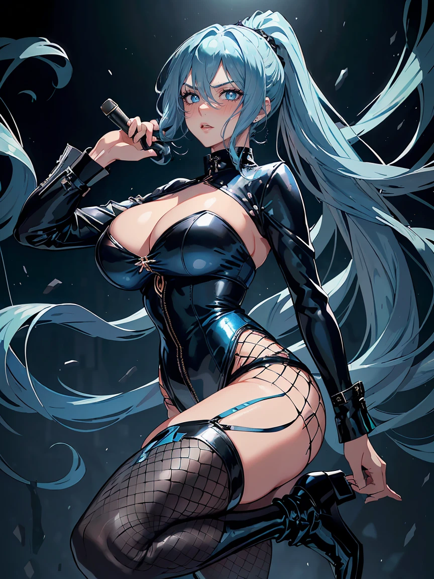 handsome older WOMAN，blue-eyes，blue pupils，Long blue hair，Hyperresolution，accuracy，Detailed rendering，（Subtle facial image）（Image of fine hair）（topquality）（Masterpieces of masters）（High degree of completeness）（A sense of atmosphere）tmasterpiece，Super detailed and super detailed（half-body portrait), long wavy blue hair, (((tHICK WAVY HAIR)))(((ANKLE LENGTH HAIR)))(((Blushing)))(((Huge breasts)))(((LARGER BREASTS))) large breasts, bigger breasts (((Bigger breasts))) (((Blushing))) (((Sakimichan))) (((blue hair))) (((black Rockstar outfit))) (((Leather black outfit))) (((Rockstar)))(((Fishnet tights)))(((cASUAL ROCK OUTFIT))) (((gRUNGE OUTFIT))) (((rOCK MAKEUP))) (((sINGING))) (((bLACK LEATHER OUTFIT))) (((bLACK EYELINER)))(((Fierce expression))) (((Focused))) (((Hair in a long ponytail))) (((Ponytail))) (((Sexy latex outfit)))(((Elf ears)))