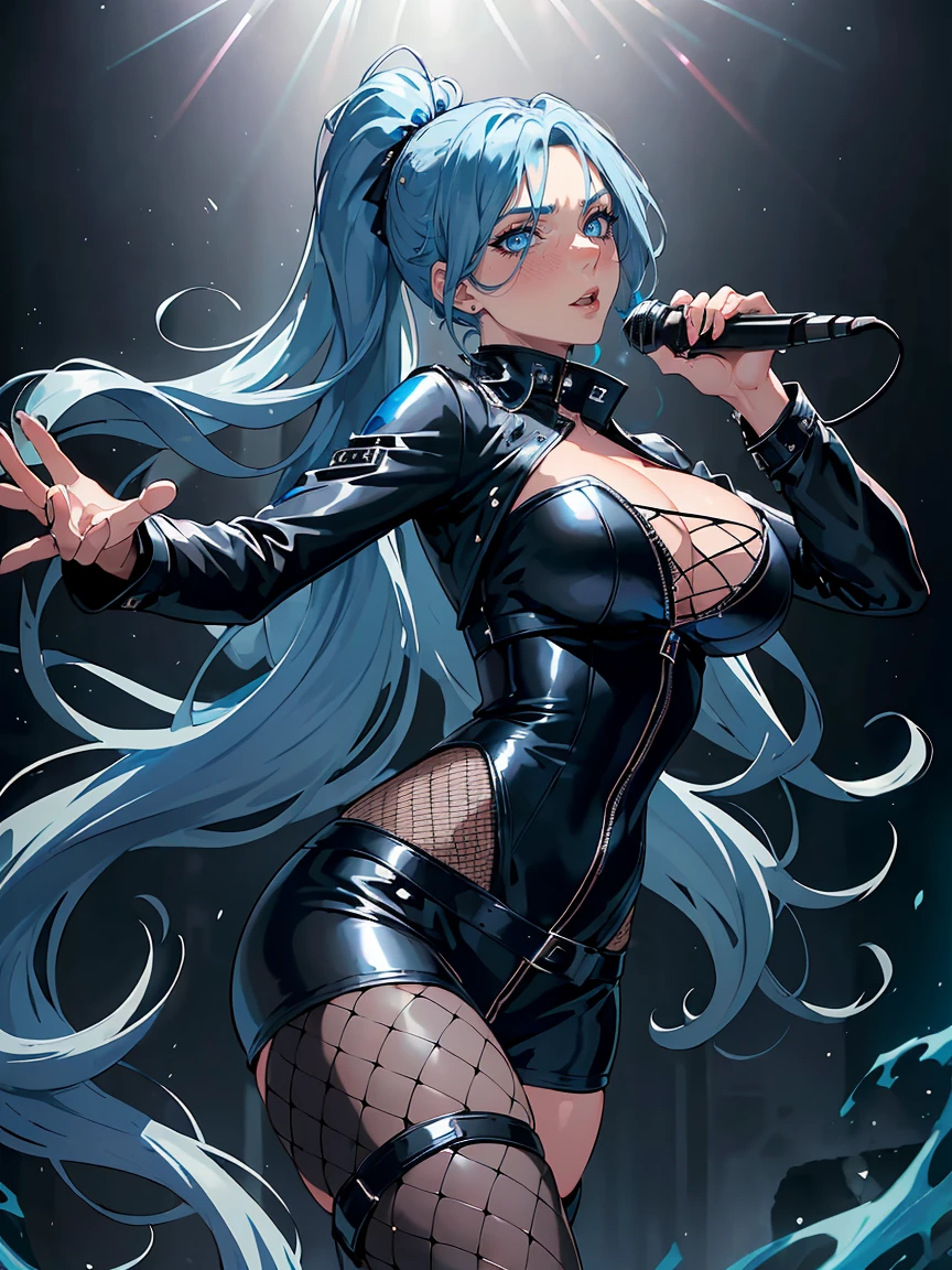 handsome older WOMAN，blue-eyes，blue pupils，Long blue hair，Hyperresolution，accuracy，Detailed rendering，（Subtle facial image）（Image of fine hair）（topquality）（Masterpieces of masters）（High degree of completeness）（A sense of atmosphere）tmasterpiece，Super detailed and super detailed（half-body portrait), long wavy blue hair, (((tHICK WAVY HAIR)))(((ANKLE LENGTH HAIR)))(((Blushing)))(((Huge breasts)))(((LARGER BREASTS))) large breasts, bigger breasts (((Bigger breasts))) (((Blushing))) (((Sakimichan))) (((blue hair))) (((black Rockstar outfit))) (((Leather black outfit))) (((Rockstar)))(((Fishnet tights)))(((cASUAL ROCK OUTFIT))) (((gRUNGE OUTFIT))) (((rOCK MAKEUP))) (((sINGING))) (((bLACK LEATHER OUTFIT))) (((bLACK EYELINER)))(((Fierce expression))) (((Focused))) (((Hair in a long ponytail))) (((Ponytail))) (((Sexy latex outfit)))(((Elf ears)))