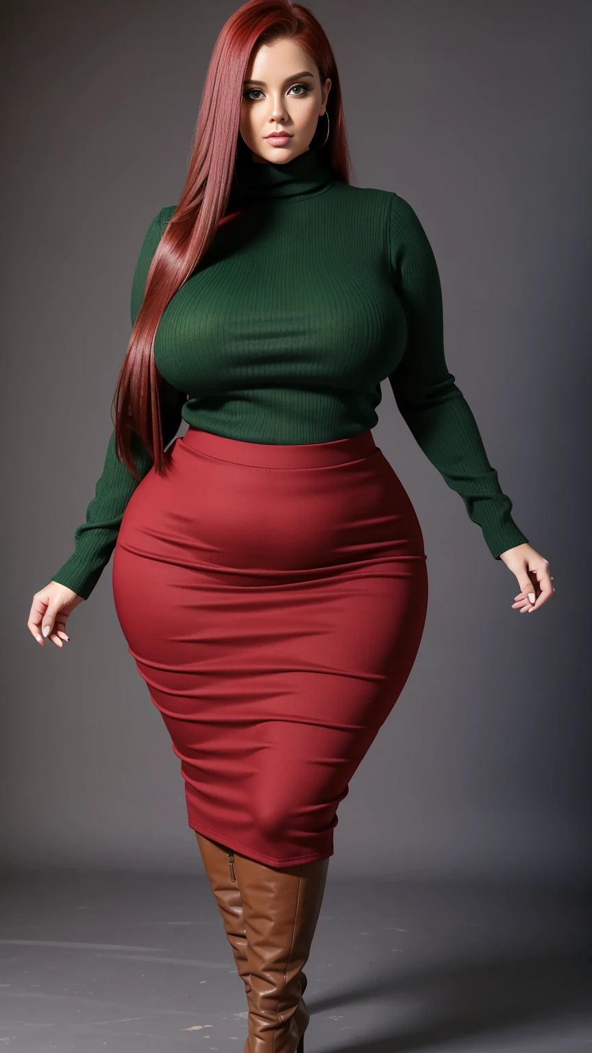 Full body shot of 1 beautiful woman, adult, big body, voluptuous woman, (Very long straight hair),( red hair), contoured eyelids, painted eyelids, huge breasts, green turtleneck sweater, (black pencil skirt), Curvy hourglass figure, chest proportion, narrow skirt , high, Brown knee-high boots, high heels