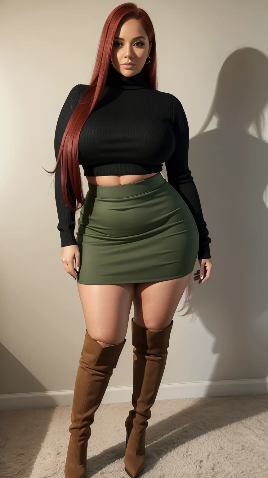 Full body shot of 1 beautiful woman, adult, big body, voluptuous woman, (Very long straight hair),( red hair), contoured eyelids, painted eyelids, huge breasts, green turtleneck sweater, (black pencil skirt), Curvy hourglass figure, chest proportion, narrow skirt , high, Brown knee-high boots, high heels