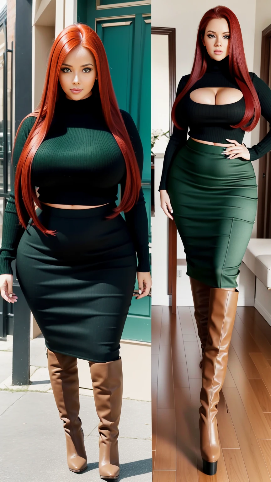 Full body shot of 1 beautiful woman, adult, big body, voluptuous woman, (Very long straight hair),( red hair), contoured eyelids, painted eyelids, huge breasts, green turtleneck sweater, (black pencil skirt), Curvy hourglass figure, chest proportion, narrow skirt , high, Brown knee-high boots, high heels