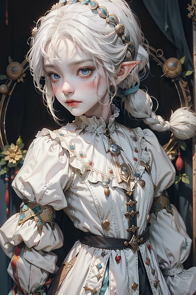 cute, elf, dark skin, white hair, white and blue clothes,  braid ponytail, thistle from dungeon meshi, jester clothes, clown
