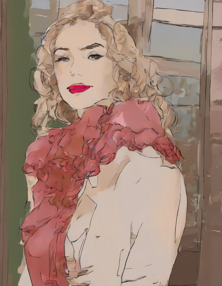 a woman standing by a window, looking over her shoulder towards the camera. She has wavy, light brown hair and is wearing makeup, including red lipstick. Her outfit is a lacy, pink and black lingerie set with ruffled edges and off-the-shoulder sleeves. The window has sheer pink curtains, and there is a green plant visible on a table near the window. The overall atmosphere is elegant and sensual, with soft natural light illuminating the scene. Full body view