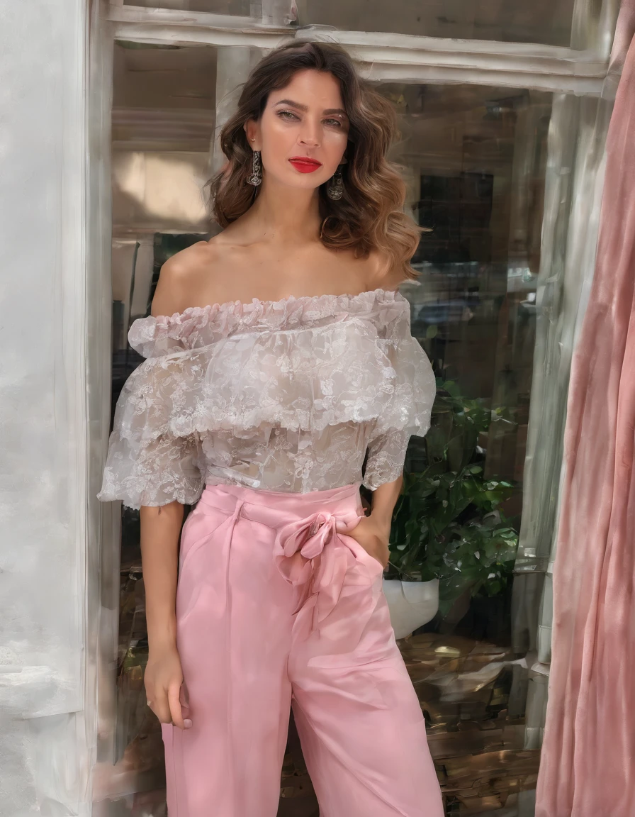 a woman standing by a window, looking over her shoulder towards the camera. She has wavy, light brown hair and is wearing makeup, including red lipstick. Her outfit is a lacy, pink and black lingerie set with ruffled edges and off-the-shoulder sleeves. The window has sheer pink curtains, and there is a green plant visible on a table near the window. The overall atmosphere is elegant and sensual, with soft natural light illuminating the scene. Full body view