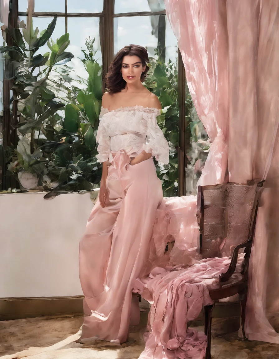 a woman standing by a window, looking over her shoulder towards the camera. She has wavy, light brown hair and is wearing makeup, including red lipstick. Her outfit is a lacy, pink and black lingerie set with ruffled edges and off-the-shoulder sleeves. The window has sheer pink curtains, and there is a green plant visible on a table near the window. The overall atmosphere is elegant and sensual, with soft natural light illuminating the scene. Full body view