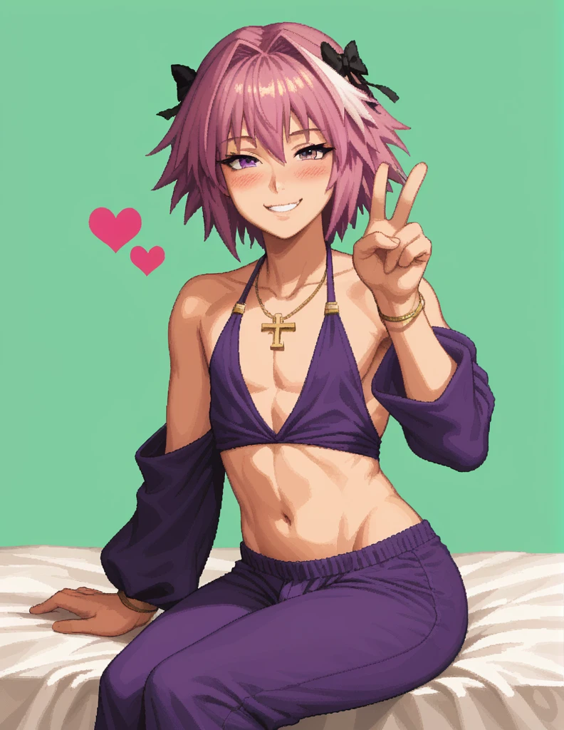 score_9, score_8_up, score_7_up, rating_safe, 1femboy, solo, Pixel_Art, Fate/Apocrypha, Astolfo, purple eyes, purple hair, short hair, side bangs, revealing clothing, sexy outfit, collarbone, backless, cross halter, necklace, loose sleeves, bracelet, bare shoulders, navel, hip vent, harem pants, cowboy shot, v, raise hand, look at viewer, simple background, light green background, heart background, blush, naughty face, smile, half eyes closed, naked, ecchi, turns back, big ass, hentai, porn, very hot, shows us her butt, arches her back, twerk, arched, visible butt, sit on bed, back visible