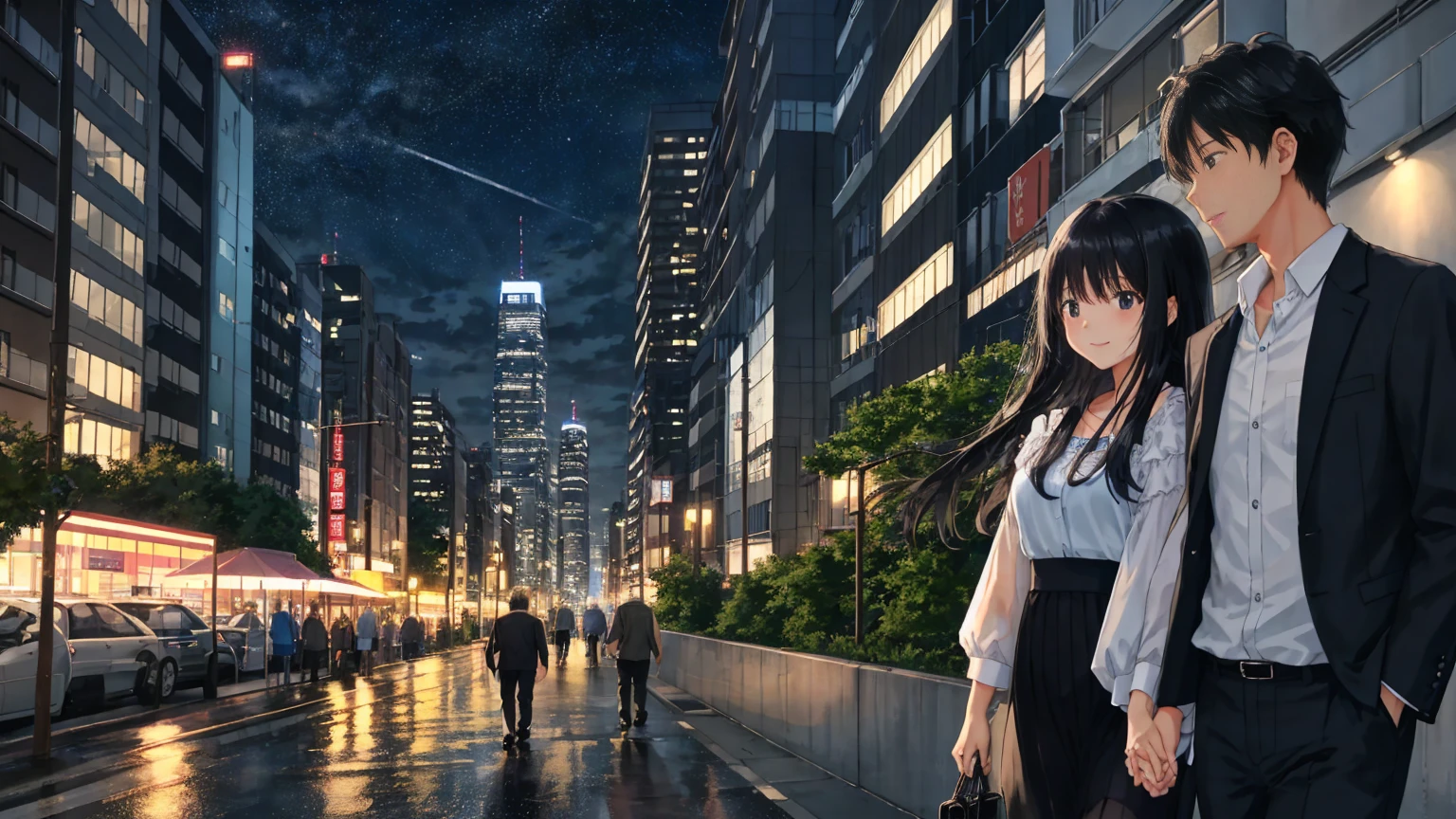 City Night、A cool breeze blows through the gaps between the buildings on a July night.。Two men and women scene。After the rain、The sky is clear.、The stars shine through the clouds。A woman with long black hair fluttering in the wind、I was standing with a handsome man with short black hair.、She is smiling a little and looking at me with a gloomy expression.、Summer night cityscape。The two men and women look tired from walking.、I'm trying to walk again、A shot that captured the moment。Both of them are wearing casual, urban summer clothes.、Relaxed atmosphere。