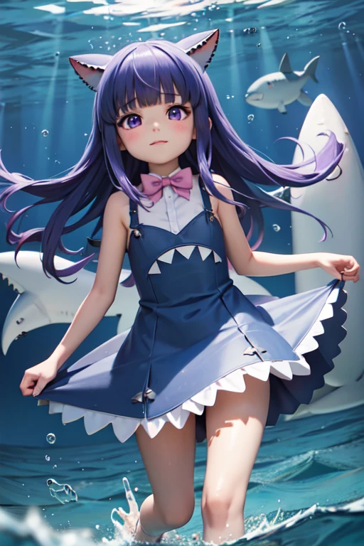 1 Girl, alone, Blue Hair, Purple eyes, Long Hair, blunt bangs, bangs,(Shark Costume), A scene where a girl is walking on the ocean floor, Shark Costumeがリアルに見えるように, Beautiful coral reef, In the sea where fish swim, 女の子がShark Costumeを着て海底を探検, The effect of sunlight shining into the water, Floating bubble effect