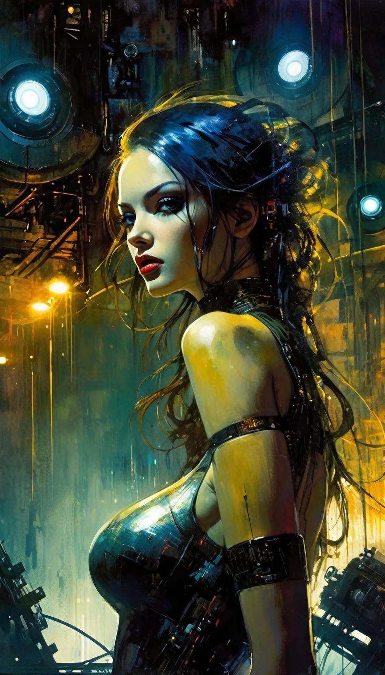 (highly detailed,cinematic lighting,dramatic colors,intricate machinery,futuristic technology,epic scale,moody atmosphere,sexy girl in scene, dark and gritty,masterpiece,best quality,8k,photorealistic,professional) (art inspired in Bill Sienkiewicz). oil painting)
