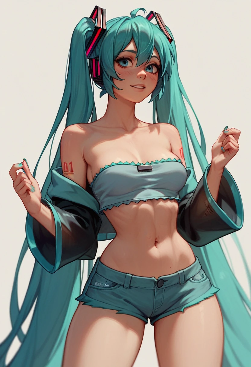 ((Best high quality:1.2)), (8k), extremely detailed, ((High detail:1.2)), Hatsune Miku female with 24 years old with ((medium perfect breasts)) and ((hourglass hot body)), (cropped strapless, mini-shorts),