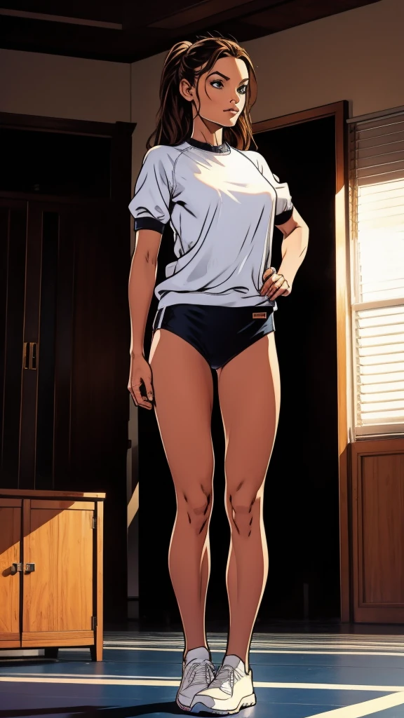 Lady in gym uniform full body standing, best quality, masterpiece