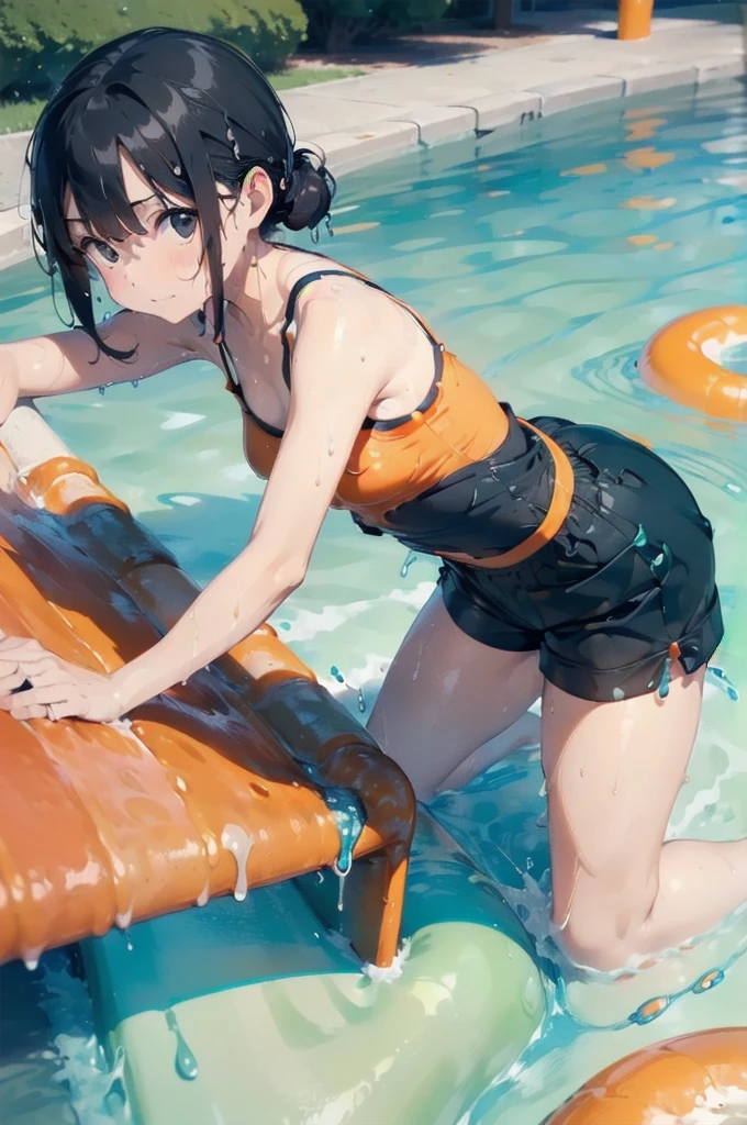 (Soaked with slimy liquid:1.5),(Orange swimsuit((Orange camisole)),Navy blue piping),(Navy blue shorts),Black Hair,(Water playground in the park:1.2),(Leaning forward pose:1.4),