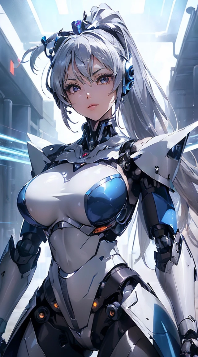 ((Intense action pose:1.6))、((Shining lenses on both breasts:1.3))、((Blue pillars of light are emanating from both chests.:1.3))、smile、((8K)), ((32k)), ((Highest quality)), ((masterpiece)), ((超A high resolution)), ((Tmasterpiece)), ((Halation:1.4))、((Mechaニカルheadgear:1.2))、((Cyber Headphones:1.3))、Fine skin, High quality fabric, Fine metal texture、((High ponytail:1.6))、((Beautiful and dense face))、RAW Photos、Professional, Ultra-fine painting, ((alone)), Beautiful breasts、Highest quality, Very detailed, Very detailed詳細, Finer details, so beautiful, ((Princess Knight Robot:1.2)), (Joints of machines, Mechanical Limbs:1.3), (The internal structure of the machine is exposed:1.3), (Long silver hair:1.1), (Beautiful and huge mechanical breasts)、White Veil, cowboy_shot, Side Focus, headgear, Shiny、(Five Fingers, Four fingers and thumb),Concept Art, Anime fantasy artwork, Detailed fantasy art, (with pale blue-violet hair and large white wings,,,,,,,), (((Long silver hair))), (Mecha:1.6)、Sleek and intimidating design, ((Commander-in-Chief'arm)), (Perfect robot body)、純白と青紫armまたは, Symmetrical wings, 8K high quality, detailed art, 3D rendering of character art in 8K, neat legs, Defined, Defined fingers,