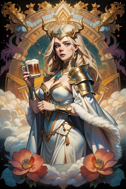 (work of art, maximum quality, best qualityer, offcial art, beautiful and aesthetic:1.2), extremely detaild, Fractal Art, colorfully, More Detailed, (abstract background:1.3), faithful style, (1 goddess freya:1.5), HAIR GOLD, glare eyes, loose braided hair, long hair, animal fur cloak, detailedeyes, beautfull woman, mature woman, appealing, voluptuous woman, clear eyes, short in stature, freckles on the face, leather viking armor, holding a mug of beer, wielding a spear in his left hand,