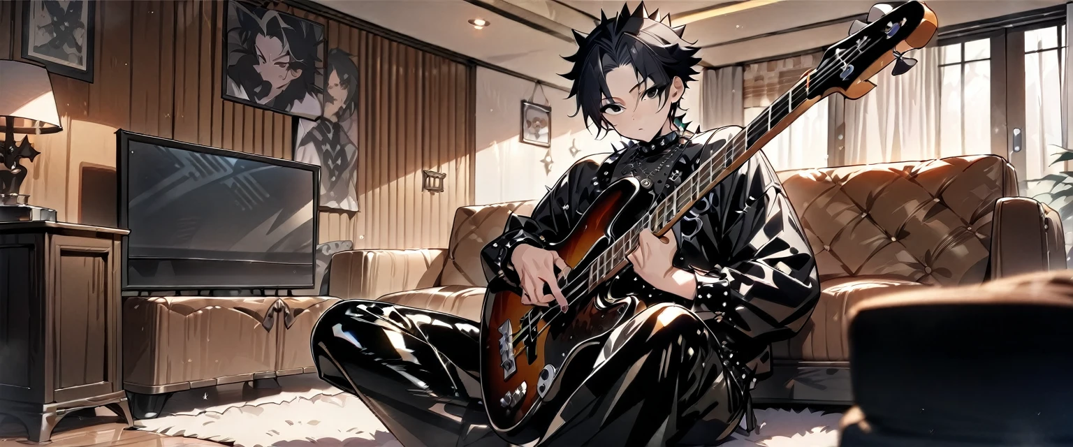 (((masterpiece,Highest quality))),(((A male anime character with messy black hair and black eyes dressed in a spiky patent leather visual kei outfit))),(((Sitting with a bass guitar))),(((Western-style living room))),Focus on the whole body,(high quality),アニメ