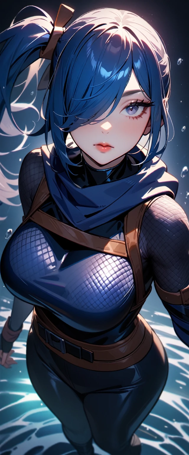 1girl,solo,super detailed skin,shiny skin,expressionless face,blue hair,hair over one eye,half open eye,eyelashes,lips gloss,side ponytail ,large breasts,body suit,Shinobi clothes,black boots,fishnet,standing ,simple background ,from behind ,water magically ,masterpiece,best quality,ultra detailed,high resolution,sharp focus