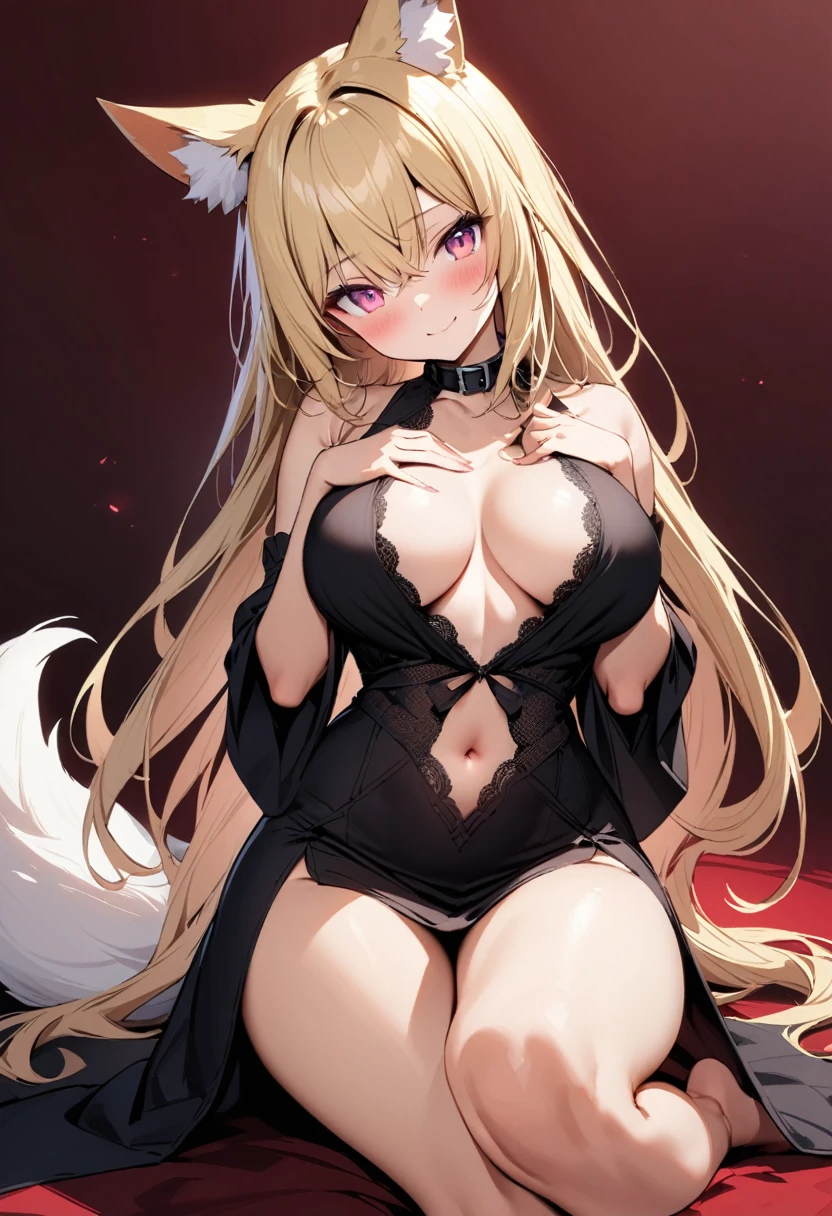 masterpiece, best quality, 1girl, solo, breasts, animal-ears, blonde-hair, looking-at-viewer, navel, collar, dress, smile, barefoot, center-opening, fox-ears, sitting, bangs, long-sleeves, hair-between-eyes, hand-on-own-chest, pink-eyes, blush, black-dress, closed-mouth, no-panties, head-tilt, wide-sleeves, cleavage, collarbone, tail, (large-breasts), simple-background, bare-legs, yokozuwari, puffy-sleeves, lace-trimmed-dress, lace-trim, very-long-hair, lace, breasts-apart, animal-ear-fluff, no-bra, bare-shoulders, thighs, black-collar, fox-girl, groin