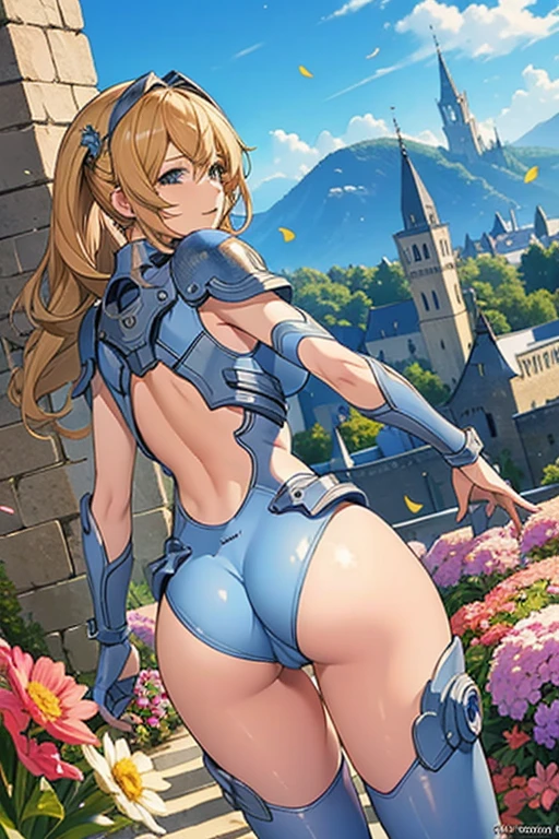 best quality, official art, masterpiece, textile shading, HDR, very detailed, colorful, best details, fantasy, battle suit,1 female, 25 years old, A castle town with an old castle view, sunny,choppy hair, big , skinny,Surrounded by a large crowd:1.9、Confetti flutters、Blessed、Being welcomed:1.5、:1.3, looking back, very law angle:1.9,
