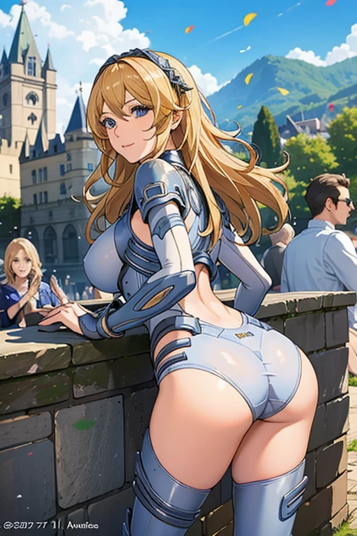 best quality, official art, masterpiece, textile shading, HDR, very detailed, colorful, best details, fantasy, battle suit,1 female, 25 years old, A castle town with an old castle view, sunny,choppy hair, big breast, skinny,Surrounded by a large crowd:1.9、Confetti flutters、Blessed、Being welcomed:1.5、cameltoe:1.3, looking back, very law angle:1.9,