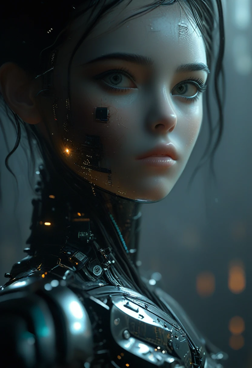 Full length view. Little funny robot, porcelain face and head, big turquoise eyes, perfect eyes, top quality style. A beautiful cinematic impressionistic picture, a dark dramatic character, in the style of Jeremy Mann and Charles Dana Gibson, Mark Demsteder, Paul Hedley. Spartak Mukanov.