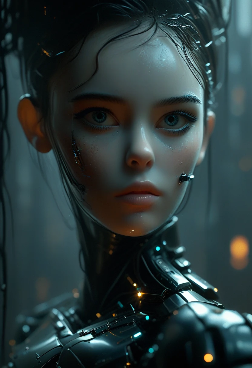 Full length view. Little funny robot, porcelain face and head, big turquoise eyes, perfect eyes, top quality style. A beautiful cinematic impressionistic picture, a dark dramatic character, in the style of Jeremy Mann and Charles Dana Gibson, Mark Demsteder, Paul Hedley. Spartak Mukanov.