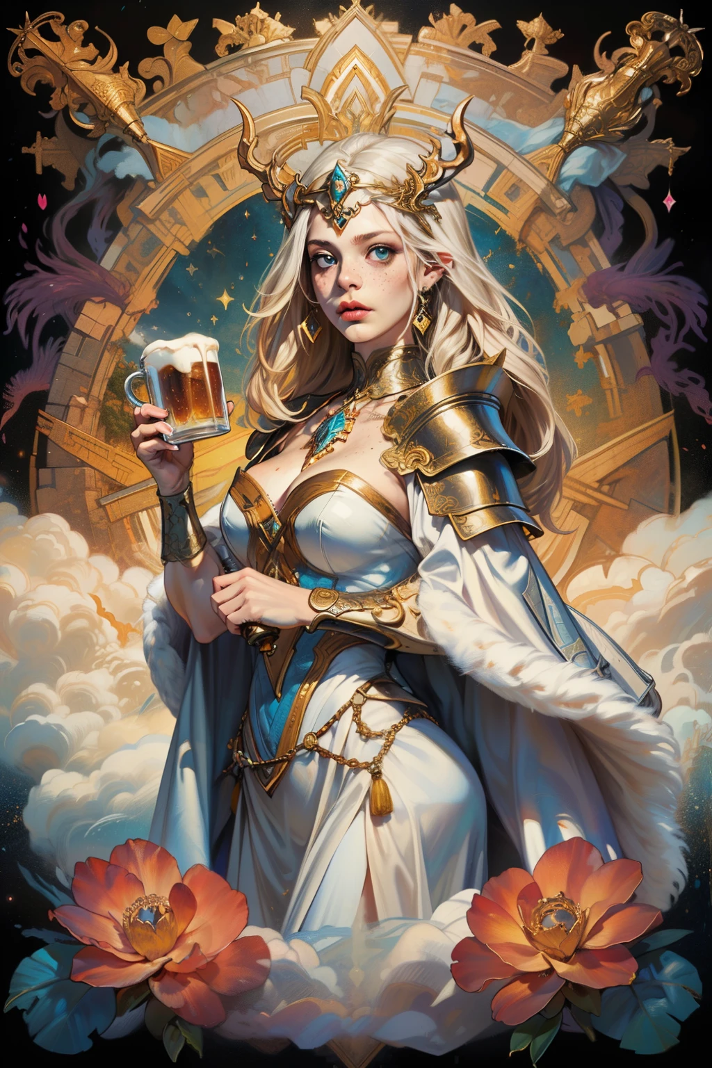 (work of art, maximum quality, best qualityer, offcial art, beautiful and aesthetic:1.2), extremely detaild, Fractal Art, colorfully, More Detailed, (abstract background:1.3), faithful style, (1 goddess freya:1.5), HAIR GOLD, glare eyes, loose braided hair, long hair, animal fur cloak, detailedeyes, beautfull woman, mature woman, appealing, voluptuous woman, clear eyes, short in stature, freckles on the face, leather viking armor, holding a mug of beer, wielding a spear in his left hand,