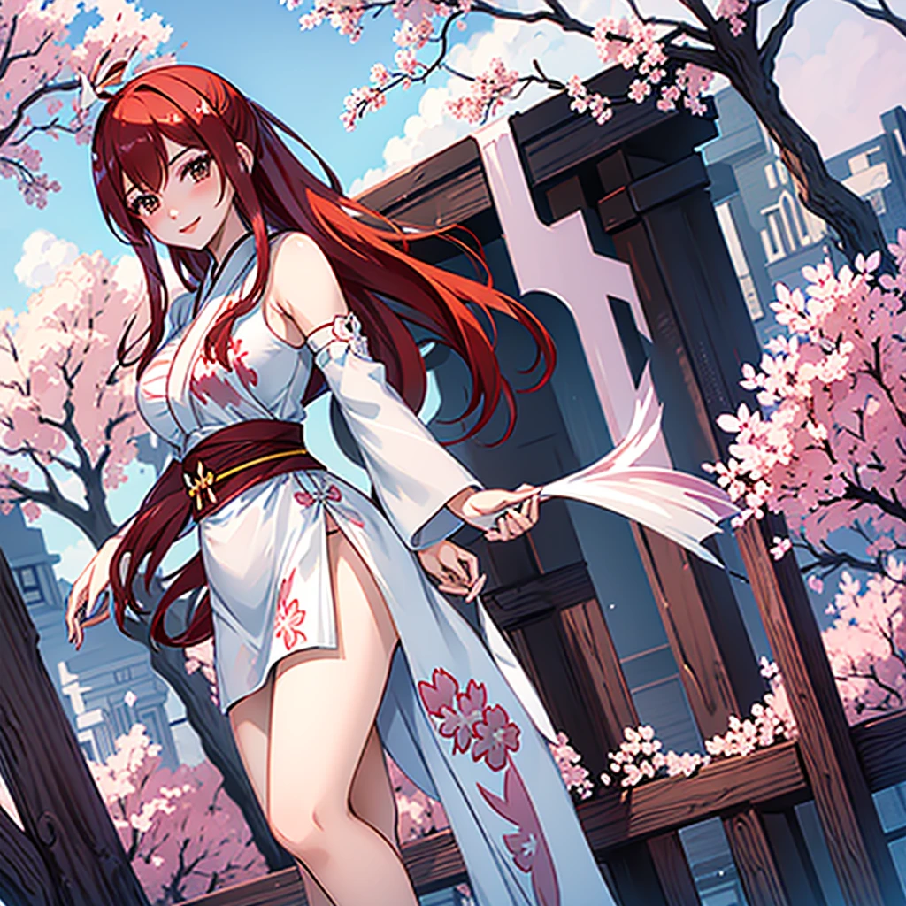 (masterpiece), (best quality), (beautiful eyes and face), (perfect female body), (shiny skin),
looking at viewer, cowboy shot,
1girl, solo, erza scarlet, long hair, red hair, brown eyes, hair over one eye, ponytail, white ribbon,
large breasts,
smile,
light purple kimono, floral print, sleeveless, sash, miniskirt, black thighhighs,
standing,
outdoors, cherry blossoms,