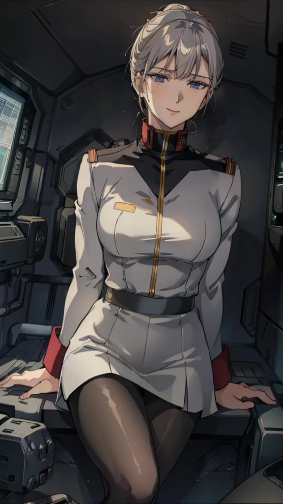 masterpiece, best quality, High resolution, Calm 1, 1 girl, alone, (Black_pantyhose:1.1), army uniform, army, cosmetics, White shirt, White Skirt, tight skirt, sitting, Upper Body, cockpit, space, Smile,Large Breasts,Sexy