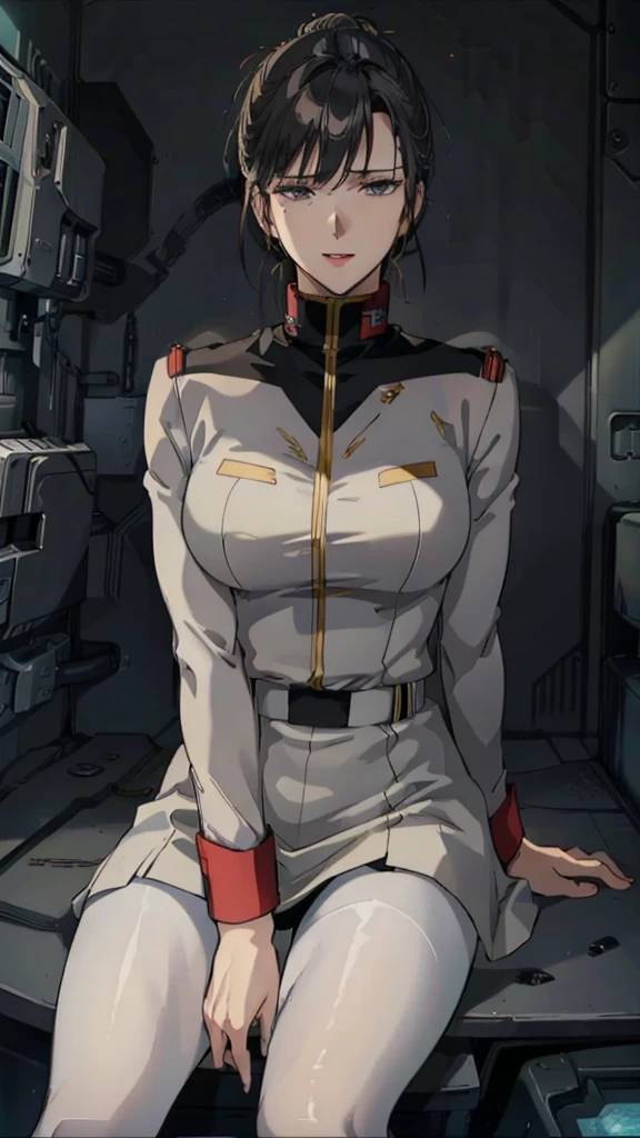 masterpiece, best quality, High resolution, Calm 1, 1 girl, alone, (Black_pantyhose:1.1), army uniform, army, cosmetics, White shirt, White Skirt, tight skirt, sitting, Upper Body, cockpit, space, Smile,Large Breasts,Sexy