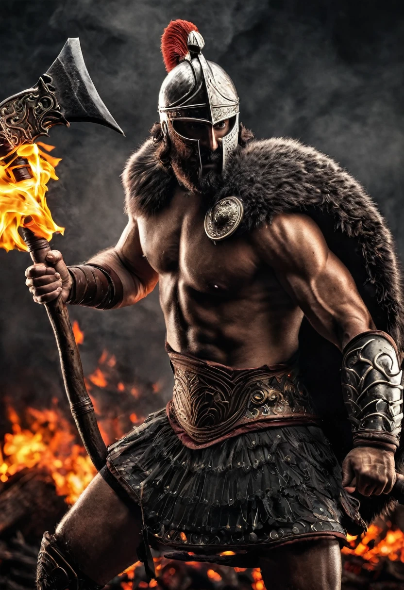 Ares warrior holding axe fire