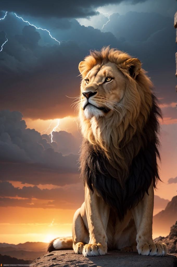 Lion, lioness, rey, natural, naturey, naturey, linda, Rendering, photorrealistic, ultra HD, 4K, texturasdetailed, sombras detailed, thunder, bolts, lightning strike, thunderstorm, detailed, sunset, Sunset, SUNSET, naturey linda, black backdrop, sunset, detailed contrast, realistic contrast, high resolution, cores detailed,