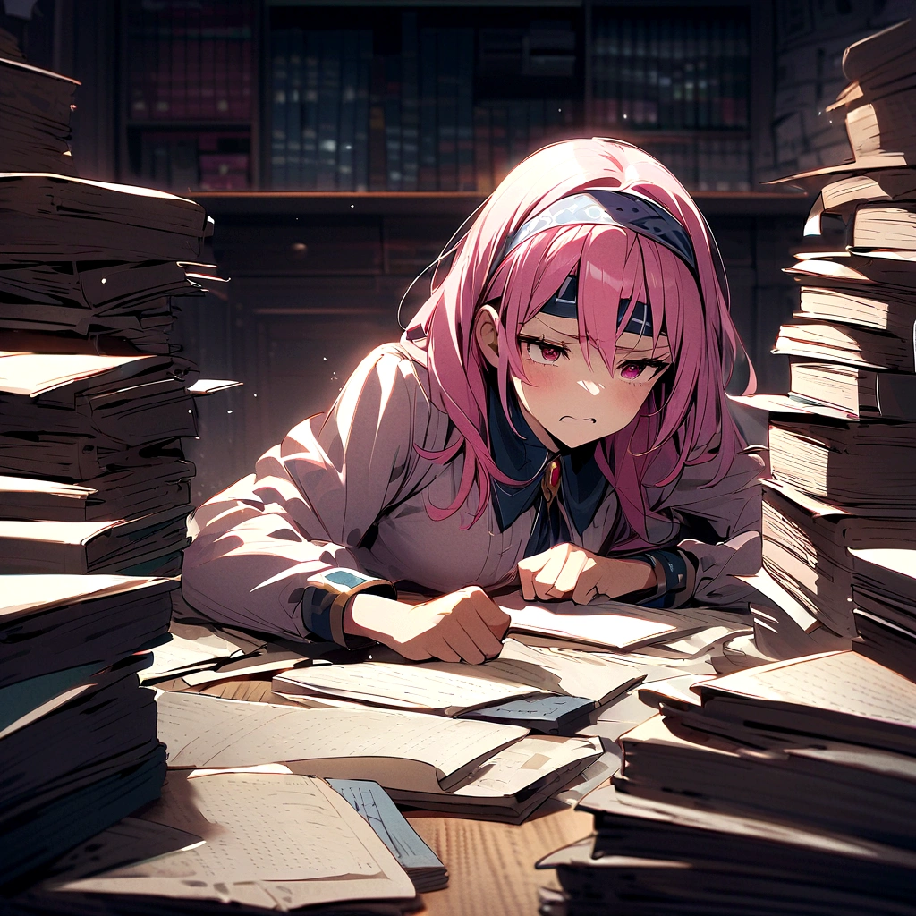 Addressing the issue、In front of the desk、Troubled face、Pile of documents、Pink Hair、Drill Twin、Headband、