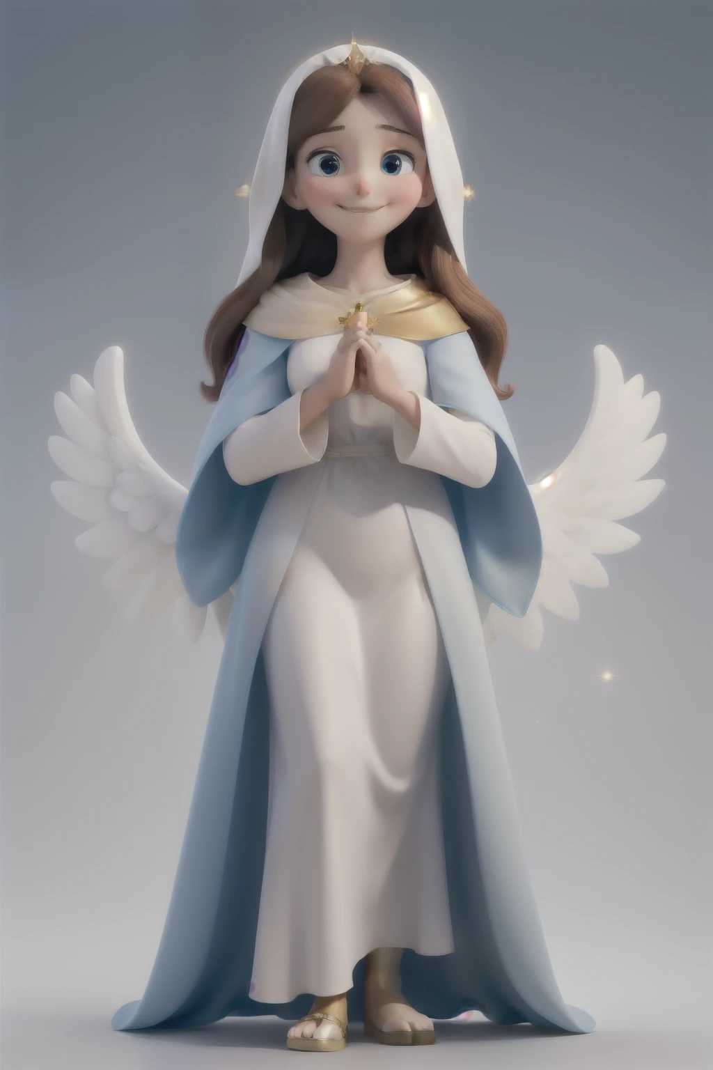 best qualityer, image with white background, virgin mary, with a golden halo over your head, looking sweetly and tenderly forward, hands together in sign of prayer, Grinning, brownhair, white cloak with light blue details, angels around you