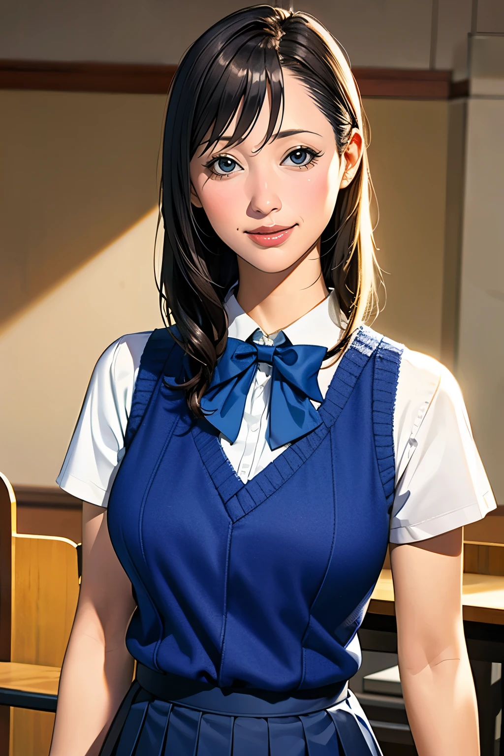 (masterpiece:1.2, Highest quality), (Realistic, photoRealistic:1.4), Beautiful illustrations, (Natural Side Lighting, Cinema Lighting), Written boundary depth, Looking at the audience, (Face Focus, Upper Body), Front view, 1 Girl, English, high school girl, s old, Perfect Face, Cute symmetrical face, Shiny skin, (Bob Hair:1.7,blonde), Asymmetrical bangs, Big eyes, Droopy eyes, long eyelashes chest), thin, Beautiful Hair, Beautiful Face, Beautiful and beautiful eyes, Beautiful clavicle, Beautiful body, Beautiful breasts, Beautiful thighs, Beautiful legs, Beautiful fingers, ((High-quality fabric, brown knit vest, Short sleeve white collar shirt, Navy Pleated Skirt, Navy bow tie)), (Beautiful views), evening, (School classroom:1.1), Are standing, (smile, Superior, Open your mouth),