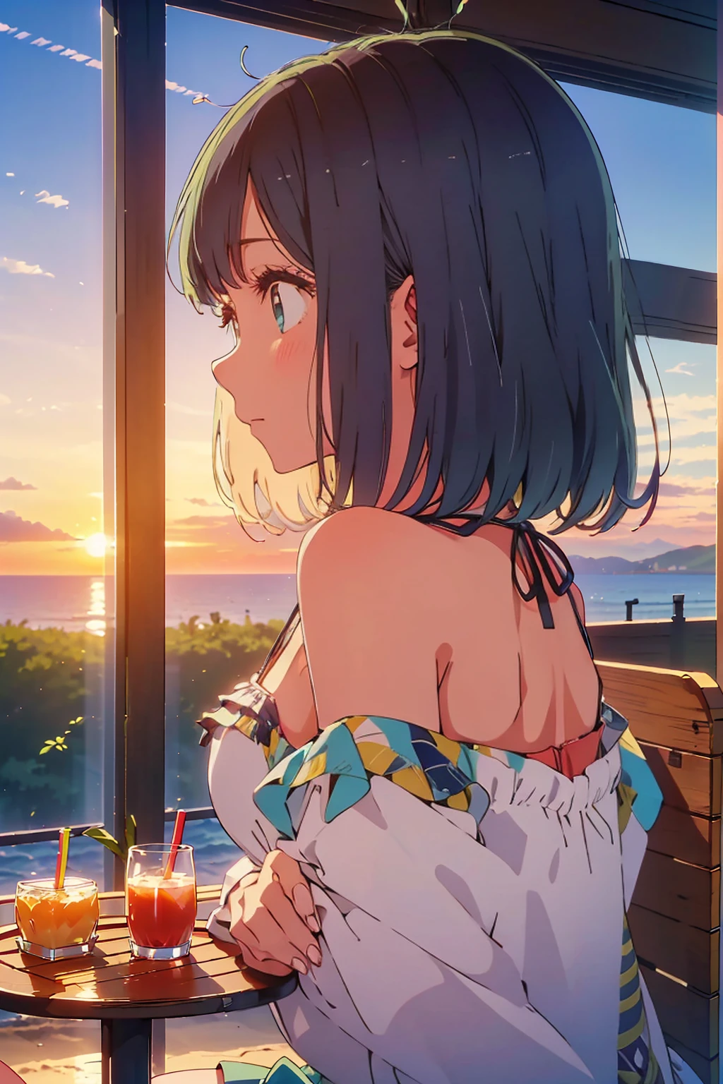 (Highest quality:1.4、masterpiece:1.4、Super detailed:1.4、8K:1.4)、((((1 person、Surprised expression、sit、Outdoor café terrace、coastal、juice、table、Sandy Beach、bikini、juiceのグラスを持つ、Big eyes、Shallow depth of field、Very cute face))))、(((bikiniサイズは小さい)))、(((sunset、Sunset)))、F cup bust、Big Breasts