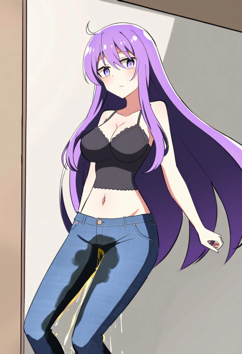 (masterpiece:1.37), best quality, (extremely detailed:1.37) woman, (adult:1.5), (very long hair:1.5), dark purple hair, purple eyes, (extremely detailed eyes:1.37), large breasts, crop top, cleavage, navel, (tight jeans:1.5), (wetting:2.0), bed, her hands are tied to the headboard