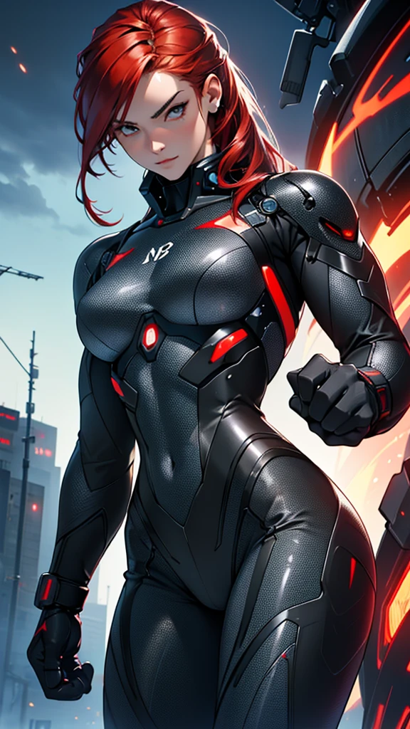 Beautiful 18yr old cybernetic girl detailed muscles realistic masterpieces full figure pose (best quality,ultra-detailed), unique red hair, fair skin, fit body, slim figure, narrow waist, (cocky expression), black carbon fiber cybernetic mobile combat suit, dynamic pose