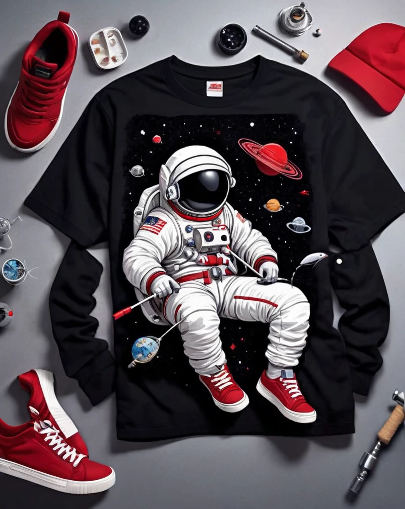 astronaut t-shirt design sitting on a small planet holding a fishing rod, wearing red and white sneakers, stylish, text logo: space, flat-colors, (black backdrop), High definition, 8K