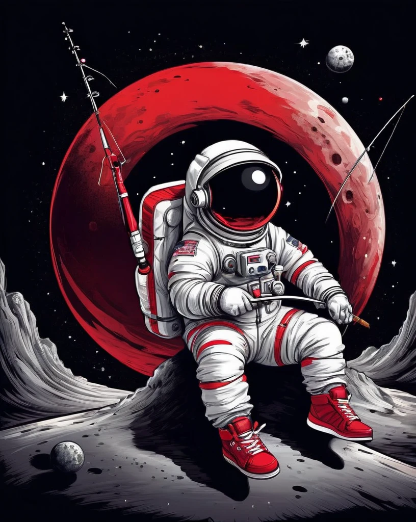 astronaut t-shirt design sitting on a small planet holding a fishing rod, wearing red and white sneakers, stylish, text logo: space, flat-colors, (black backdrop), High definition, 8K