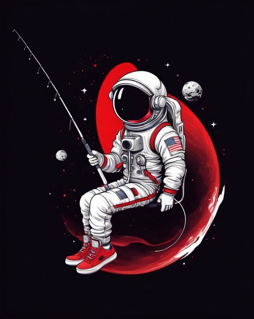 astronaut t-shirt design sitting on a small planet holding a fishing rod, wearing red and white sneakers, stylish, text logo: space, flat-colors, (black backdrop), High definition, 8K
