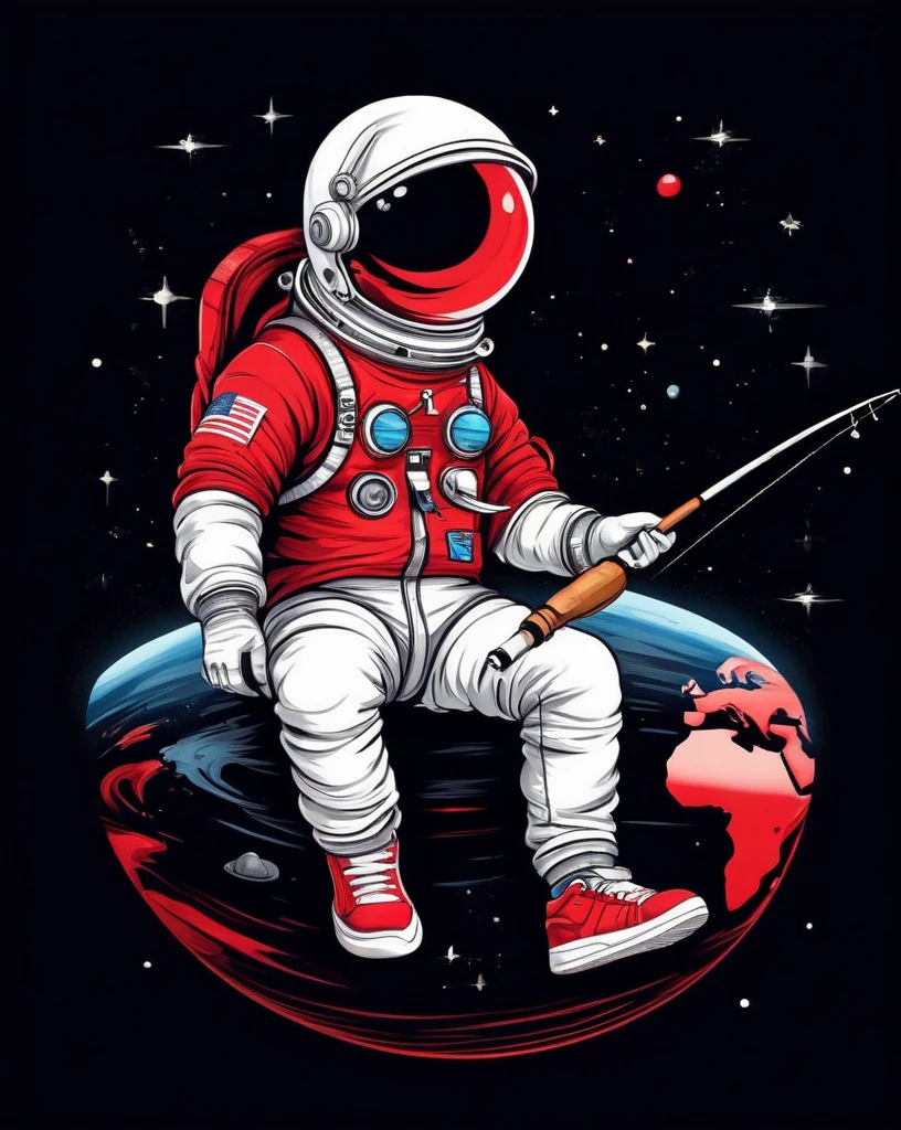 astronaut t-shirt design sitting on a small planet holding a fishing rod, wearing red and white sneakers, stylish, text logo: space, flat-colors, (black backdrop), High definition, 8K
