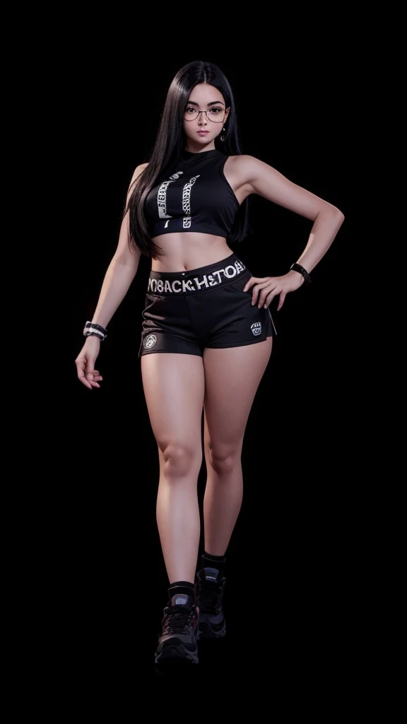 A beautiful girl in full body, with prescription glasses, com cropped preto, with black shorts, with straight black hair.