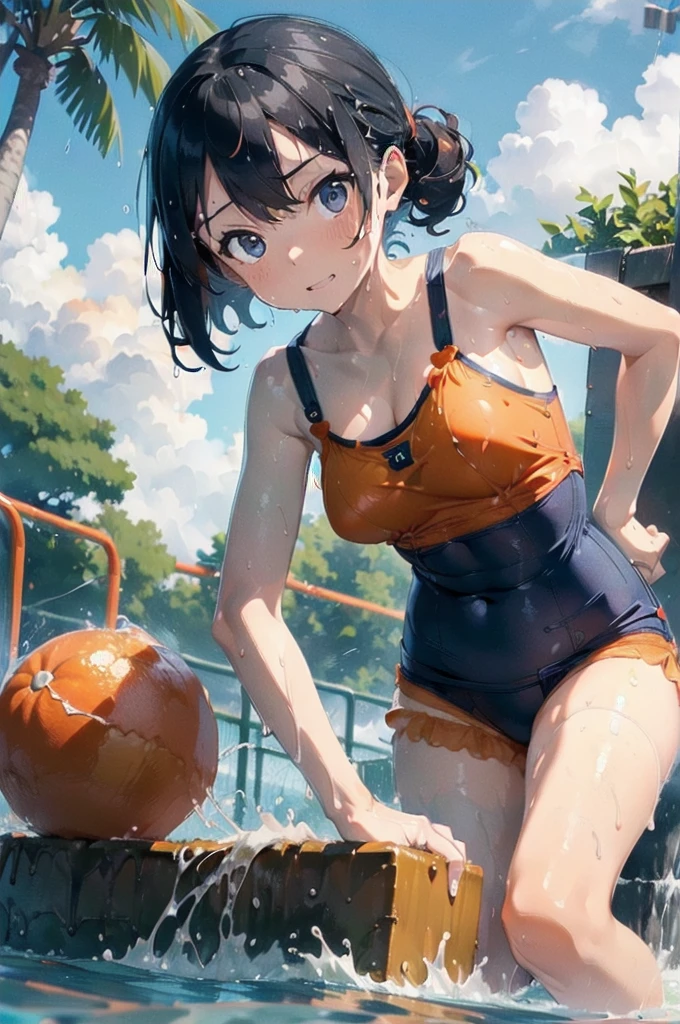(Soaking wet:1.5),(Orange swimsuit((Orange camisole)),Navy blue piping),(Navy blue shorts),Black Hair,(Water playground in the park:1.2),(Leaning forward pose:1.4),