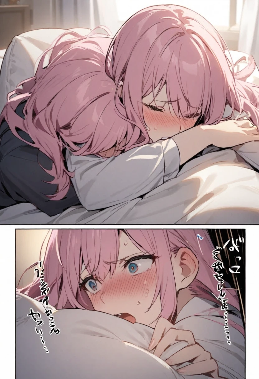 Writhing、Pink Hair Woman, On the bed、Hugging a pillow、Agony alone々and