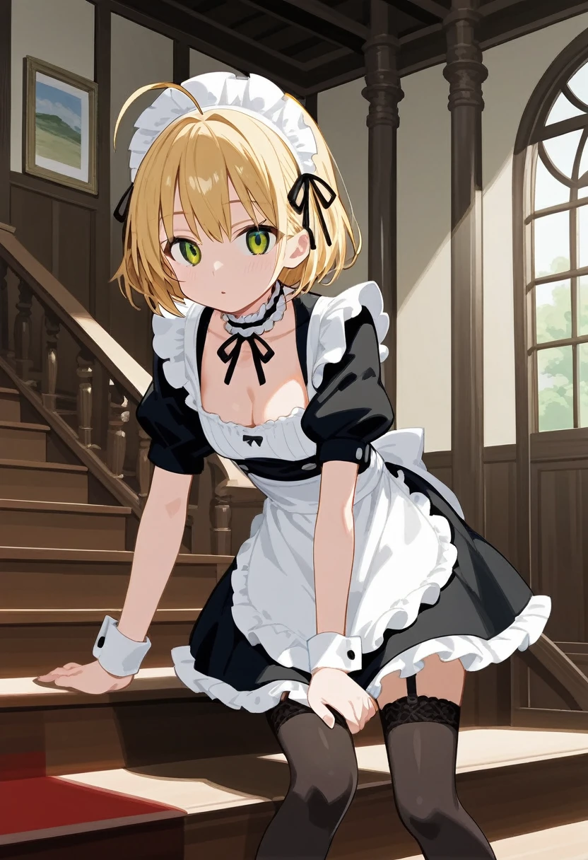 Prompt: score_9, ciloranko:1.1, taya oco, oekakizuki, anime screencap:1.5, official art, masterpiece, absurdres, anime screencap:1.5, 1girl, :o, ahoge, apron, arm support, black dress, black ribbon, black thighhighs, blonde hair, breasts, choker, cleavage, dress, frilled choker, frills, green eyes, indoors, leaning forward, maid, maid apron, maid headdress, neck ribbon, puffy short sleeves, puffy sleeves, ribbon, seiza, short sleeves, sidelocks, sitting, small breasts, solo, stairs, thighhighs, zettai ryouiki, indoors,
