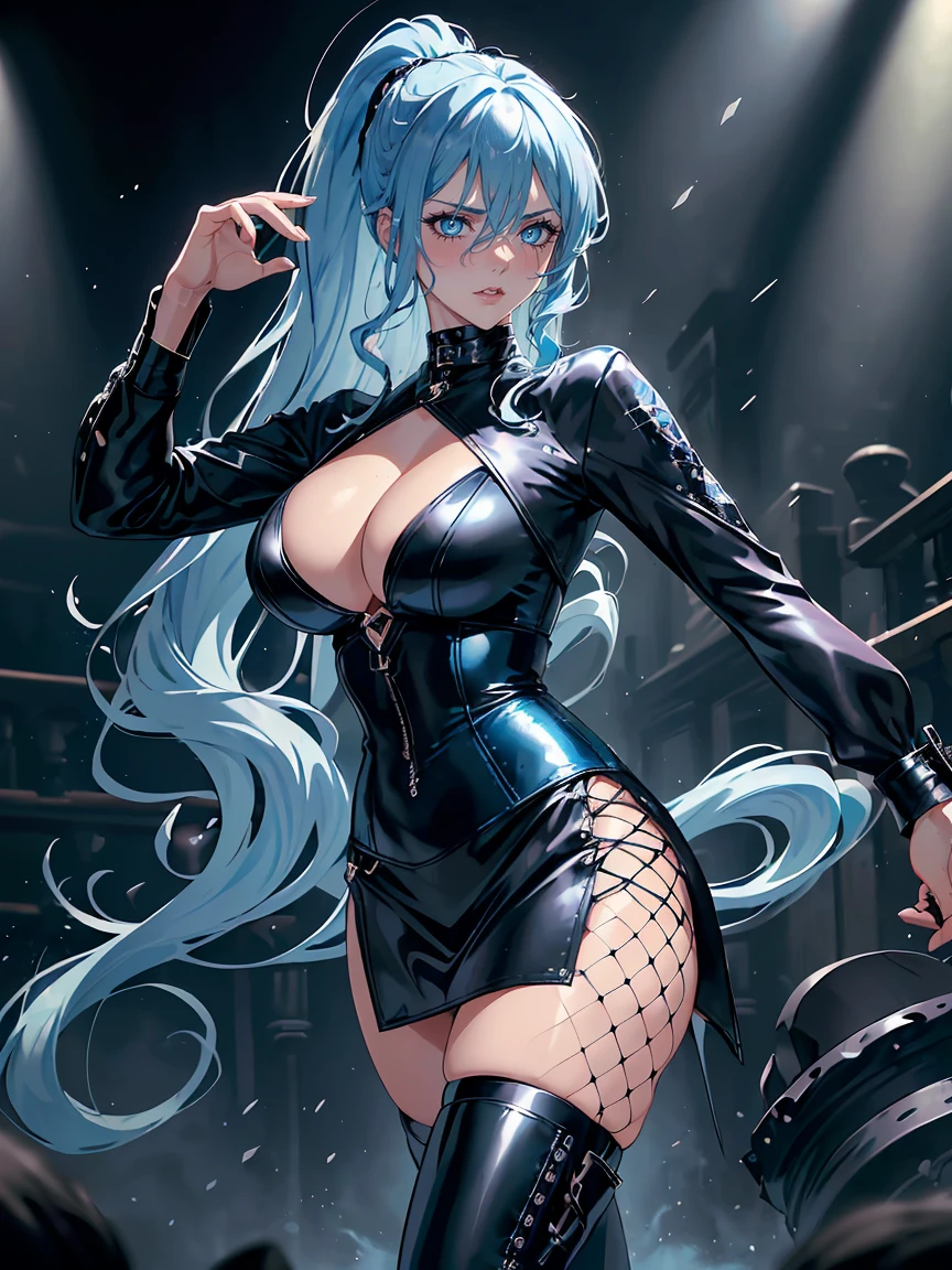 handsome older WOMAN，blue-eyes，blue pupils，Long blue hair，Hyperresolution，accuracy，Detailed rendering，（Subtle facial image）（Image of fine hair）（topquality）（Masterpieces of masters）（High degree of completeness）（A sense of atmosphere）tmasterpiece，Super detailed and super detailed（half-body portrait), long wavy blue hair, (((tHICK WAVY HAIR)))(((ANKLE LENGTH HAIR)))(((Blushing)))(((Huge breasts)))(((LARGER BREASTS))) large breasts, bigger breasts (((Bigger breasts))) (((Blushing))) (((Sakimichan))) (((blue hair))) (((black Rockstar outfit))) (((Leather black outfit))) (((Rockstar)))(((Fishnet tights)))(((cASUAL ROCK OUTFIT))) (((gRUNGE OUTFIT))) (((rOCK MAKEUP))) (((sINGING))) (((bLACK LEATHER OUTFIT))) (((bLACK EYELINER)))(((Fierce expression))) (((Focused))) (((Hair in a long ponytail))) (((Ponytail))) (((Sexy latex outfit)))(((Elf ears)))